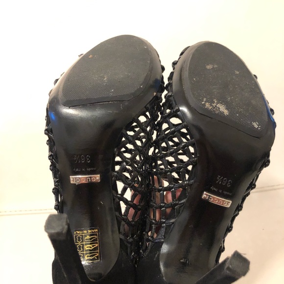 Gucci black leather woven open toe booties heels size 36.5 - Picture 4 of 7